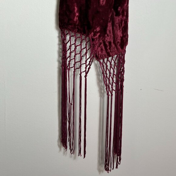 Burgundy Wine Crushed Velvet Scarf with Macrame Fringe, 84" x 5.5" - Picture 5 of 7